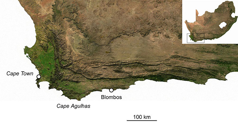 Cartina della costa presso Cape Agulhas, con la localizzazione di Blombos